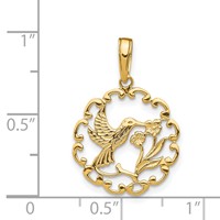 14K Yellow Gold Hummingbird Pendant with Flower Round Scalloped Frame view 3