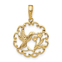 14K Yellow Gold Hummingbird Pendant with Flower Round Scalloped Frame view 1