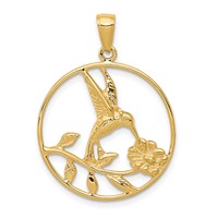 14K Yellow Gold Hummingbird in Round Frame Pendant view 1