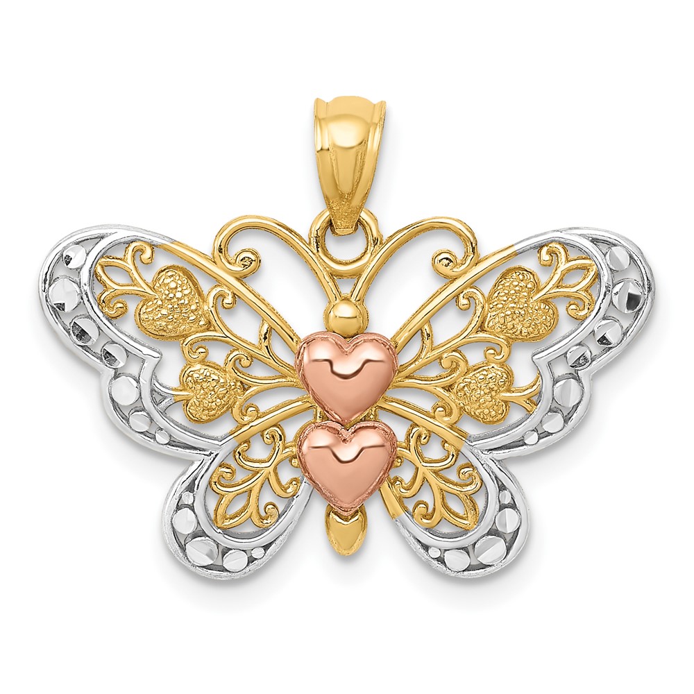 14K Two-tone Pendant with White Rhodium Butterfly with Hearts