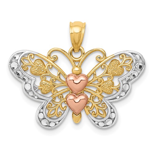 14K Two-tone Pendant with White Rhodium Butterfly with Hearts