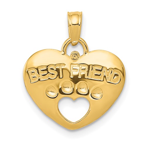 14K Yellow Gold Best Friend on Heart Pendant with Cut-Out Paw Print