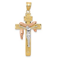 14K Tri-color Large Draped Inri Crucifix Pendant view 1