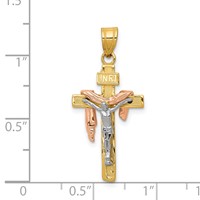14K Tri-color Diamond-cut Small Draped Inri Crucifix Pendant view 2