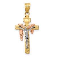 14K Tri-color Diamond-cut Small Draped Inri Crucifix Pendant view 1
