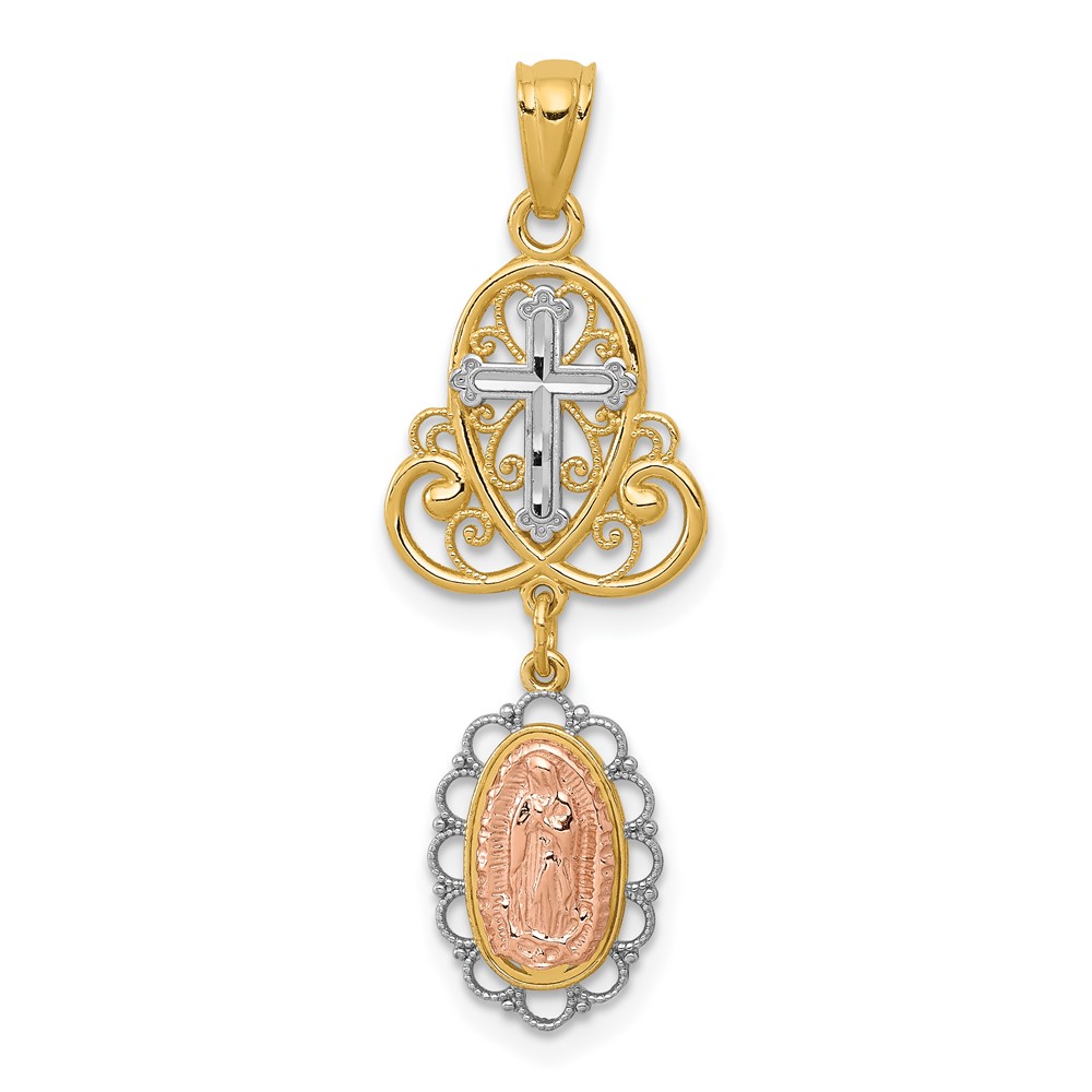 14K Two-Tone Pendant with White Rhodium Our Lady of Guadalupe and Cross