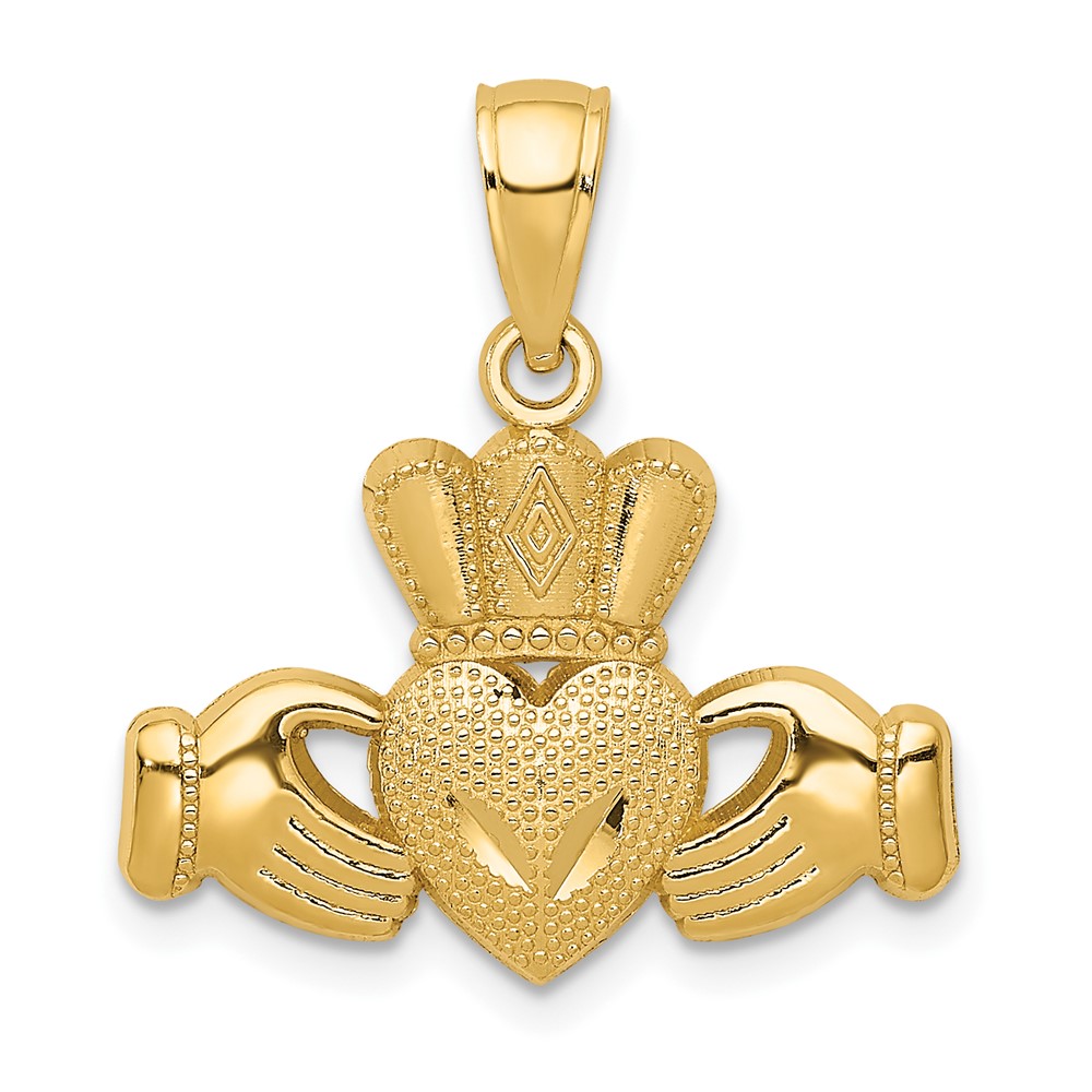 14K Yellow Gold Polished Textured Claddagh Pendant