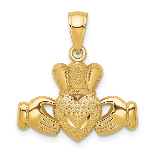 14K Yellow Gold Polished Textured Claddagh Pendant