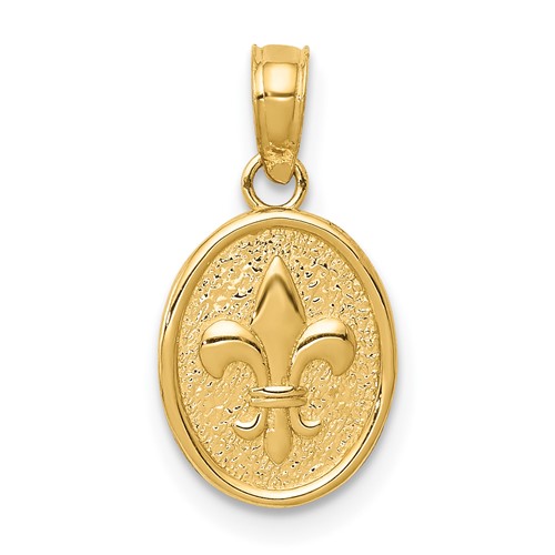 14K Yellow Gold Polished Small Fleur De Lis in Oval Pendant