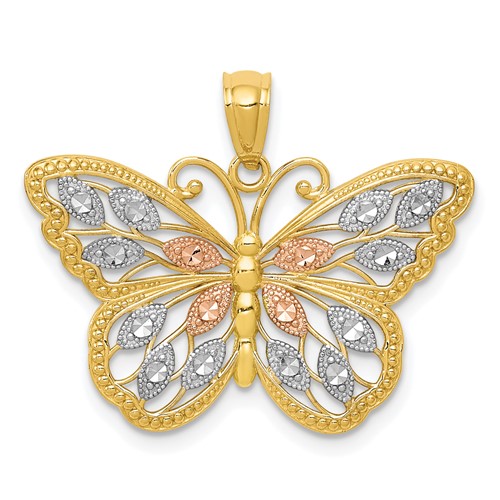 14K Pendant with White and Rose Rhodium Diamond-cut Butterfly