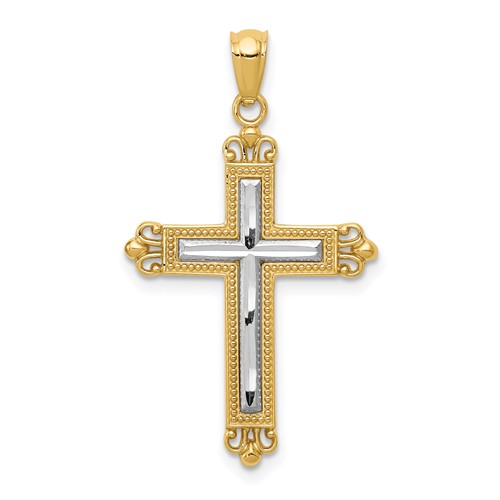 14K with White Rhodium Diamond Cut Cross Pendant