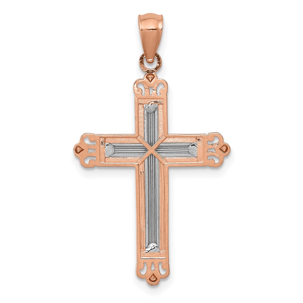 14K Rose Gold w/Rhodium Diamond-Cut Cross Pendant (D4417)