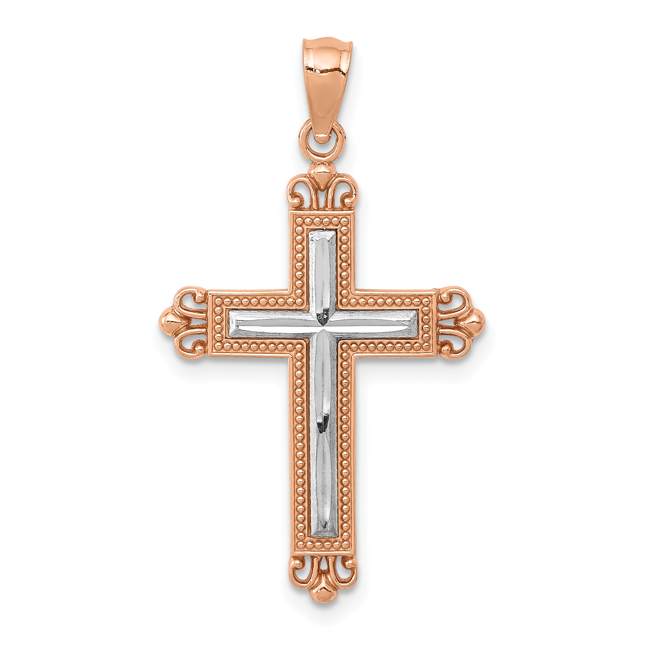 14K Rose Gold w/Rhodium Diamond-Cut Cross Pendant (D4417)