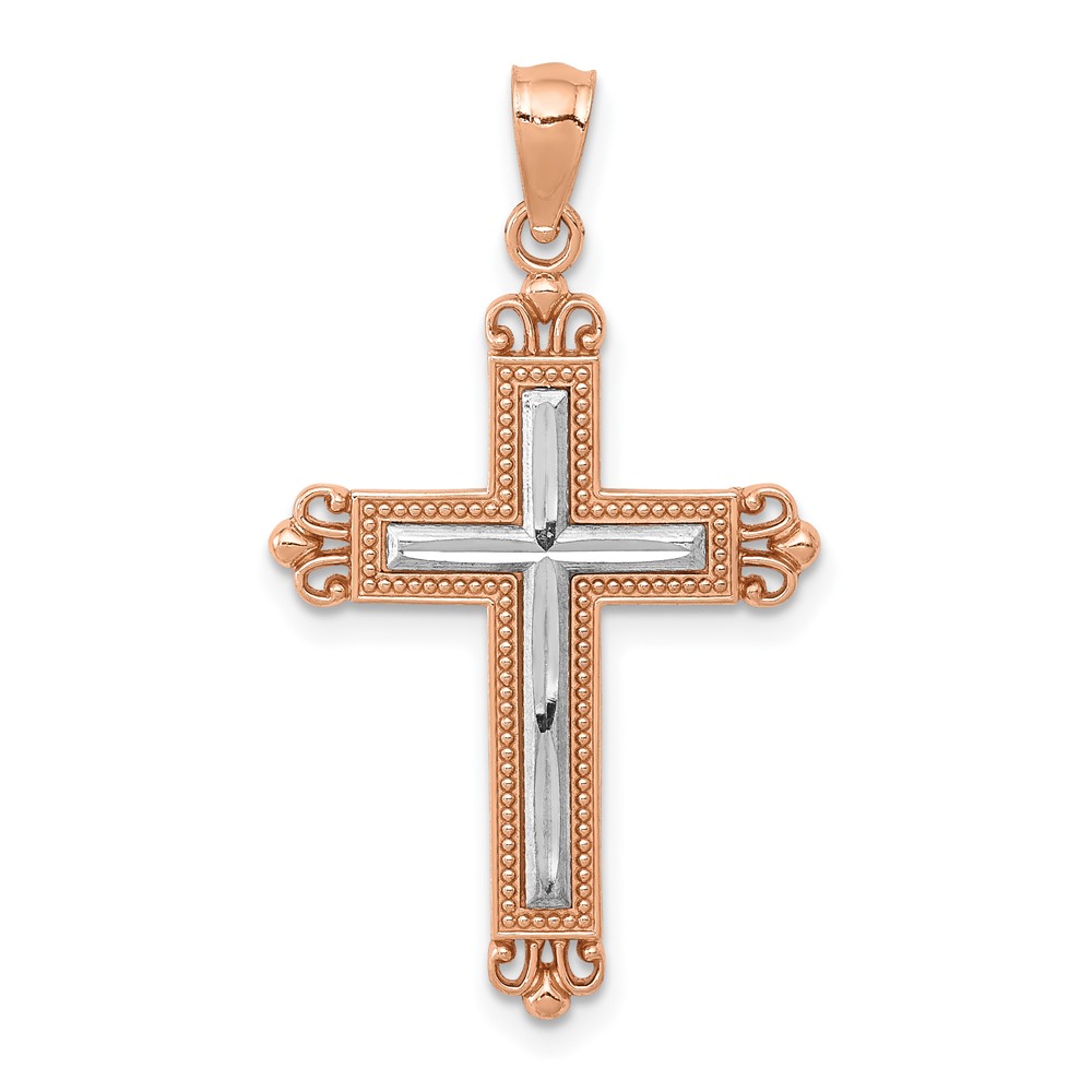 14K Rose Gold and White Rhodium Diamond-Cut Fleur De Lis Cross Pendant