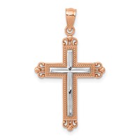 14K Rose Gold and White Rhodium Diamond-Cut Fleur De Lis Cross Pendant view 1
