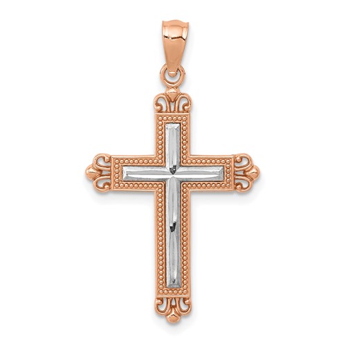 14K Rose Gold and White Rhodium Diamond-Cut Fleur De Lis Cross Pendant