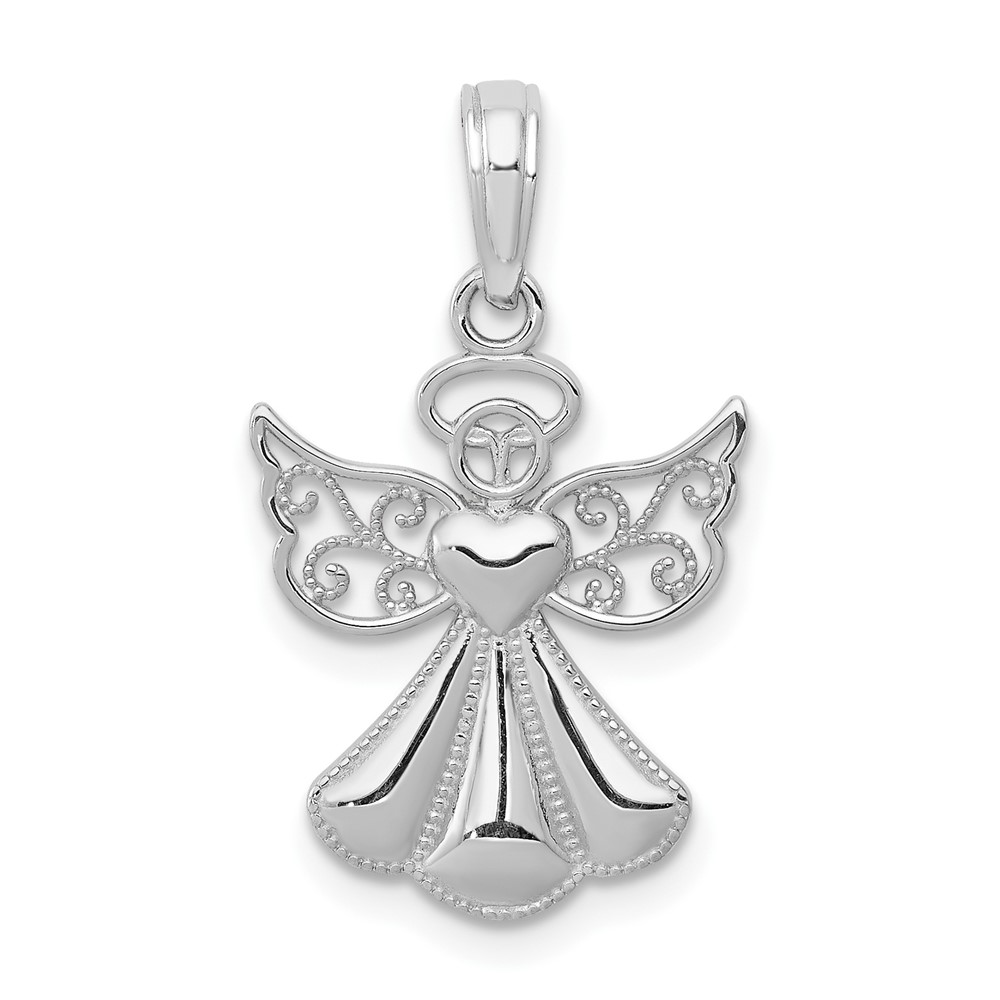 14K White Gold Polished and Textured Guardian Angel Pendant with Heart