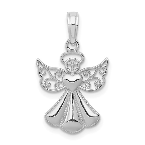 14K White Gold Polished and Textured Guardian Angel Pendant with Heart