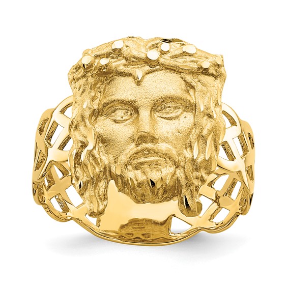 14K Brushed and Polished Diamond-cut Jesus Face Ring