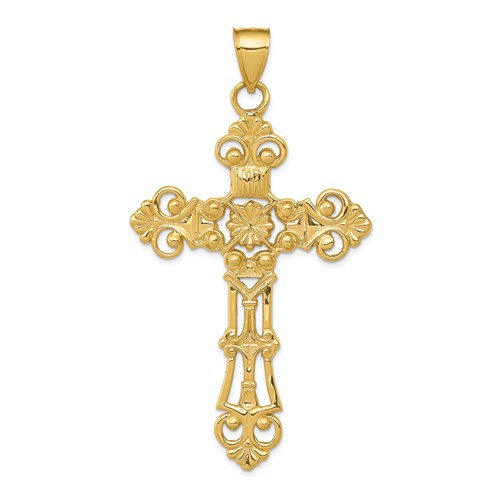 14K Yellow Gold Fleur De Lis Large Cross Pendant