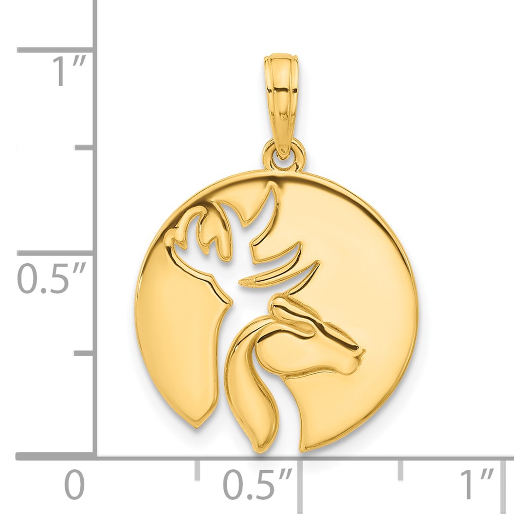 14k Polished Cut-out Deer Head Circle Pendant (D5270)