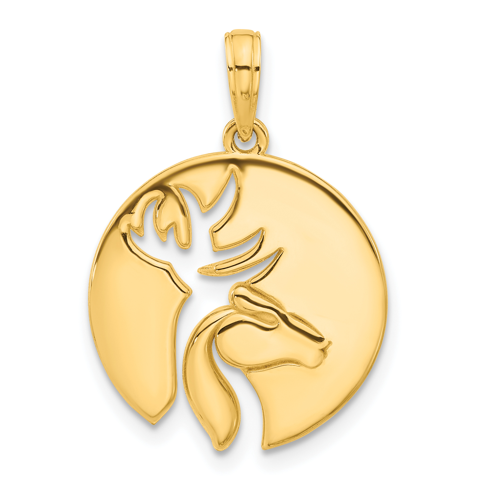 14k Polished Cut-out Deer Head Circle Pendant (D5270)