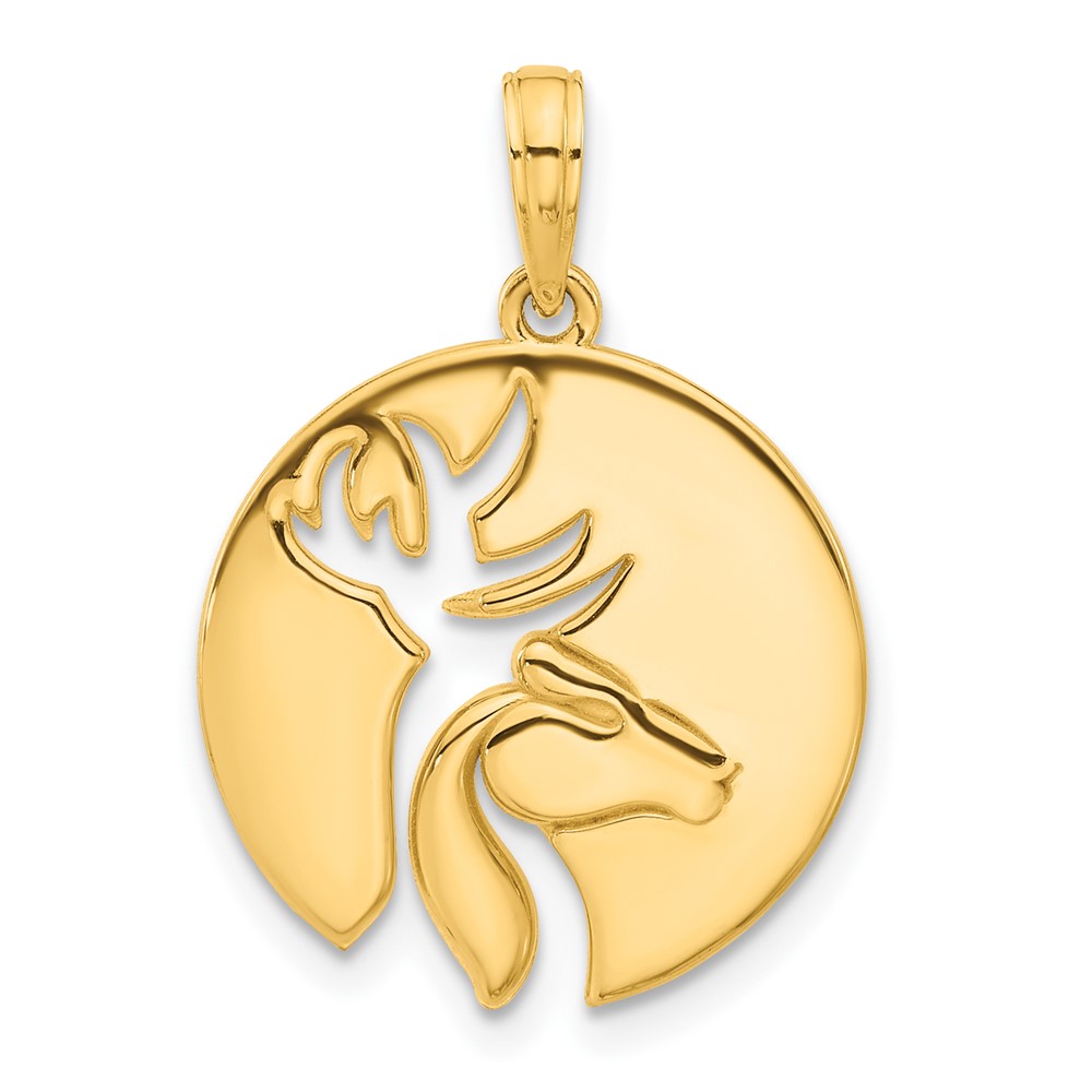 14k Polished Cut-out Deer Head Circle Pendant (D5270)