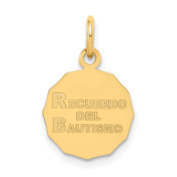 14k Polished and Satin Baptism Spanish Recuerdo Del Bautismo on Back Round Charm