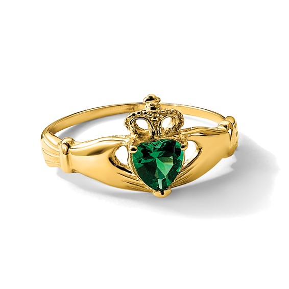 14k Green CZ Polished Claddagh Ring