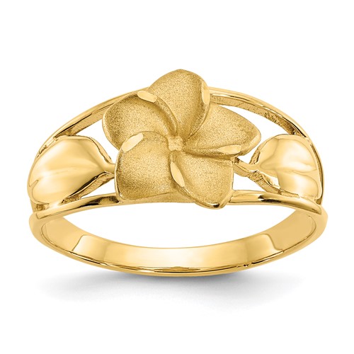 14K Yellow Gold Satin and Diamond-Cut Plumeria Ring