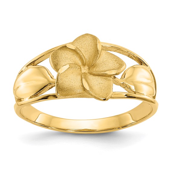 14k Satin and Diamond-Cut Plumeria Ring