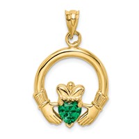 14K Yellow Gold Claddagh Pendant with Green CZ view 1