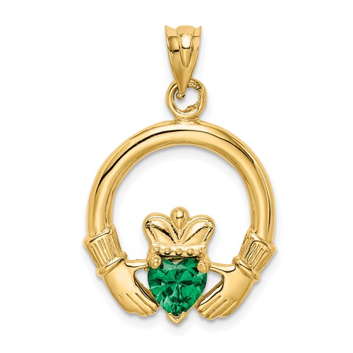 14K Yellow Gold Claddagh Pendant with Green CZ