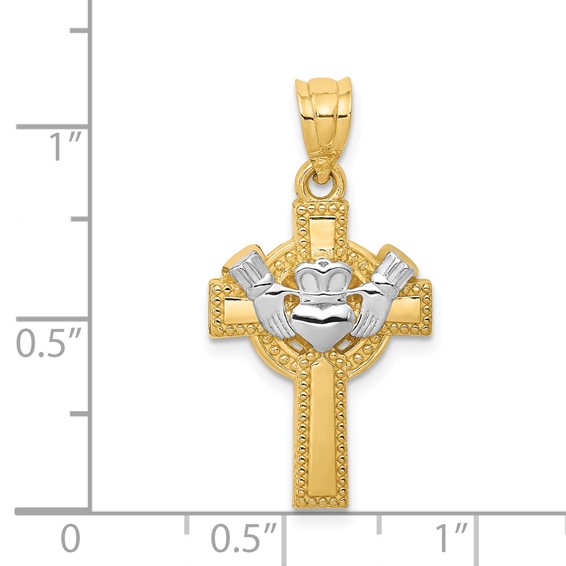 14k and White Rhodium Claddagh Cross Pendant