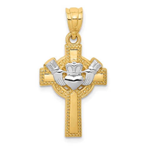 14K and White Rhodium Claddagh Cross Pendant
