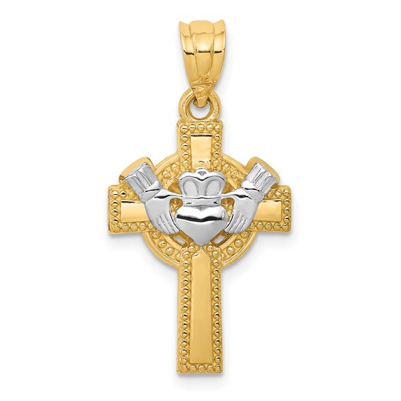 14k and White Rhodium Claddagh Cross Pendant