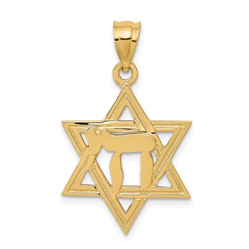 14K Yellow Gold Solid Polished Chai in Star of David Charm