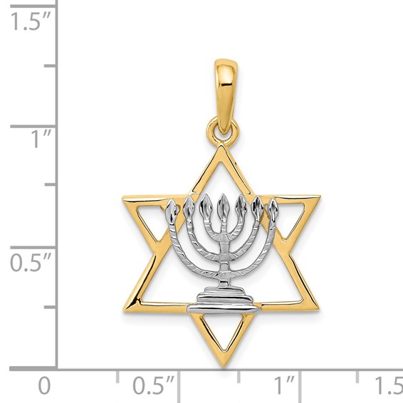 14K and White Rhodium Solid Menorah In Star Of David Charm