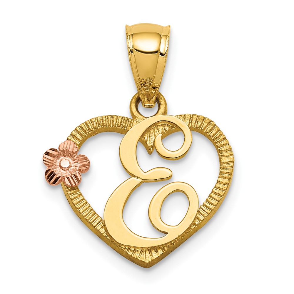 14K Two-Tone Heart Letter E Initial Pendant
