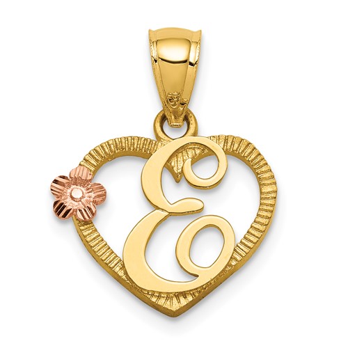 14K Two-Tone Heart Letter E Initial Pendant