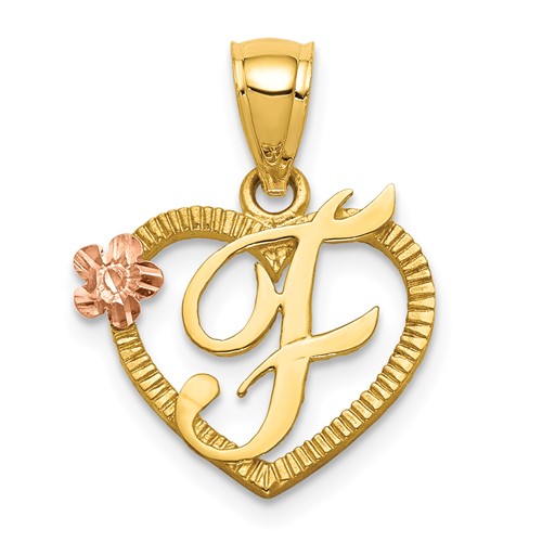 14K Two-Tone Heart Letter F Initial Pendant