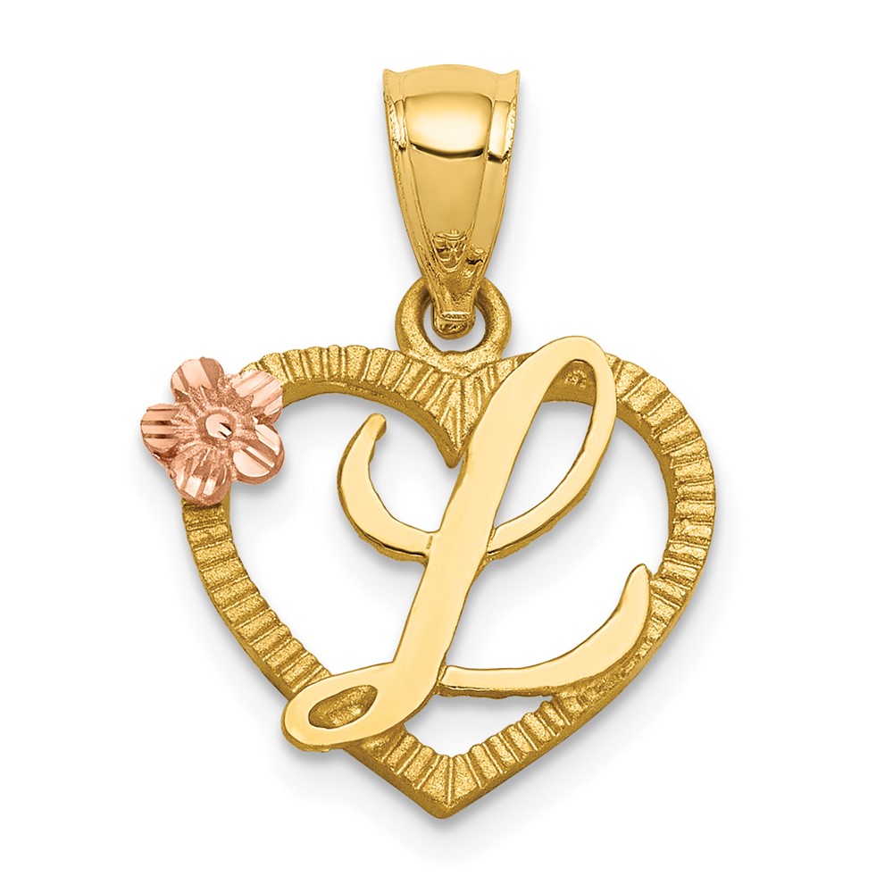 14K Yellow Gold Two-Tone Heart Letter L Initial Pendant