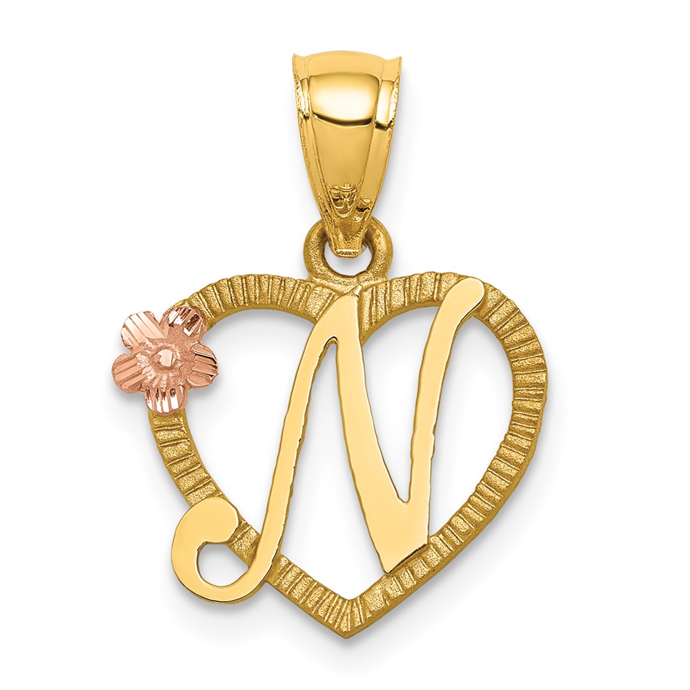 14K Two-Tone Heart Letter N Initial Pendant