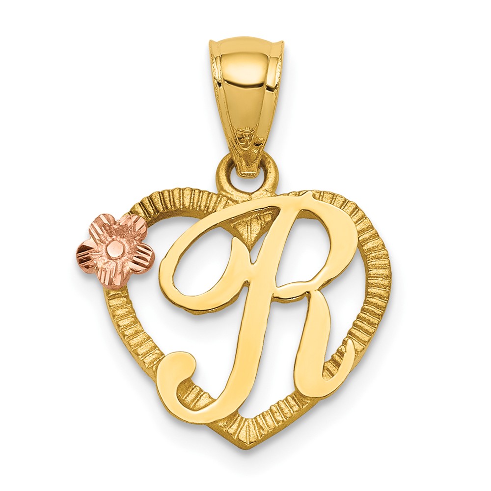 14K Two-Tone Heart Letter R Initial Pendant