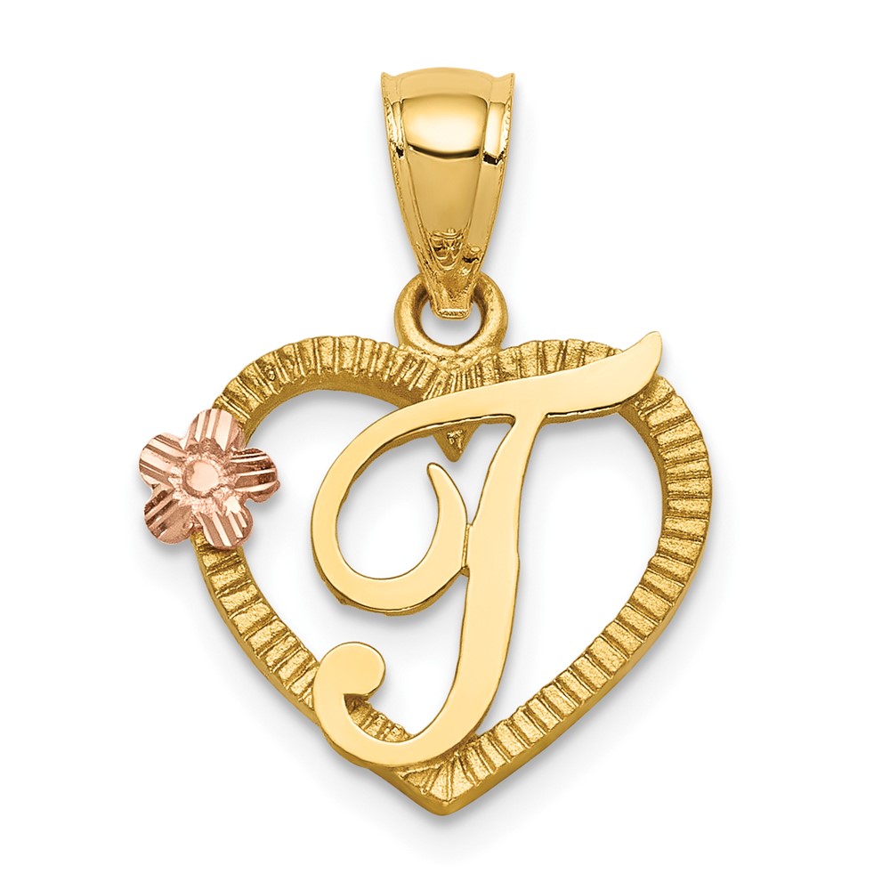 14K Two-Tone Heart Letter T Initial Pendant