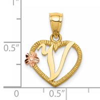 14K Two-Tone Heart Letter V Initial Pendant view 4