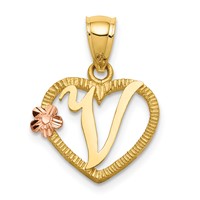 14K Two-Tone Heart Letter V Initial Pendant view 1
