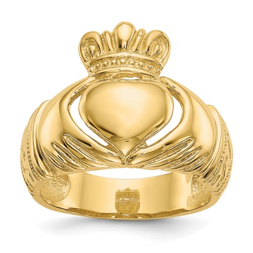 14K Yellow Gold Polished Mens Domed Claddagh Ring