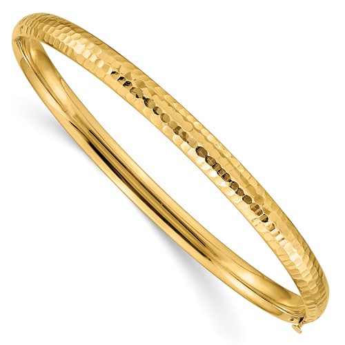 14K Yellow Gold 0.19 Polished Fancy Hammered 4.75mm Hinged Oval Bangle Bracelet
