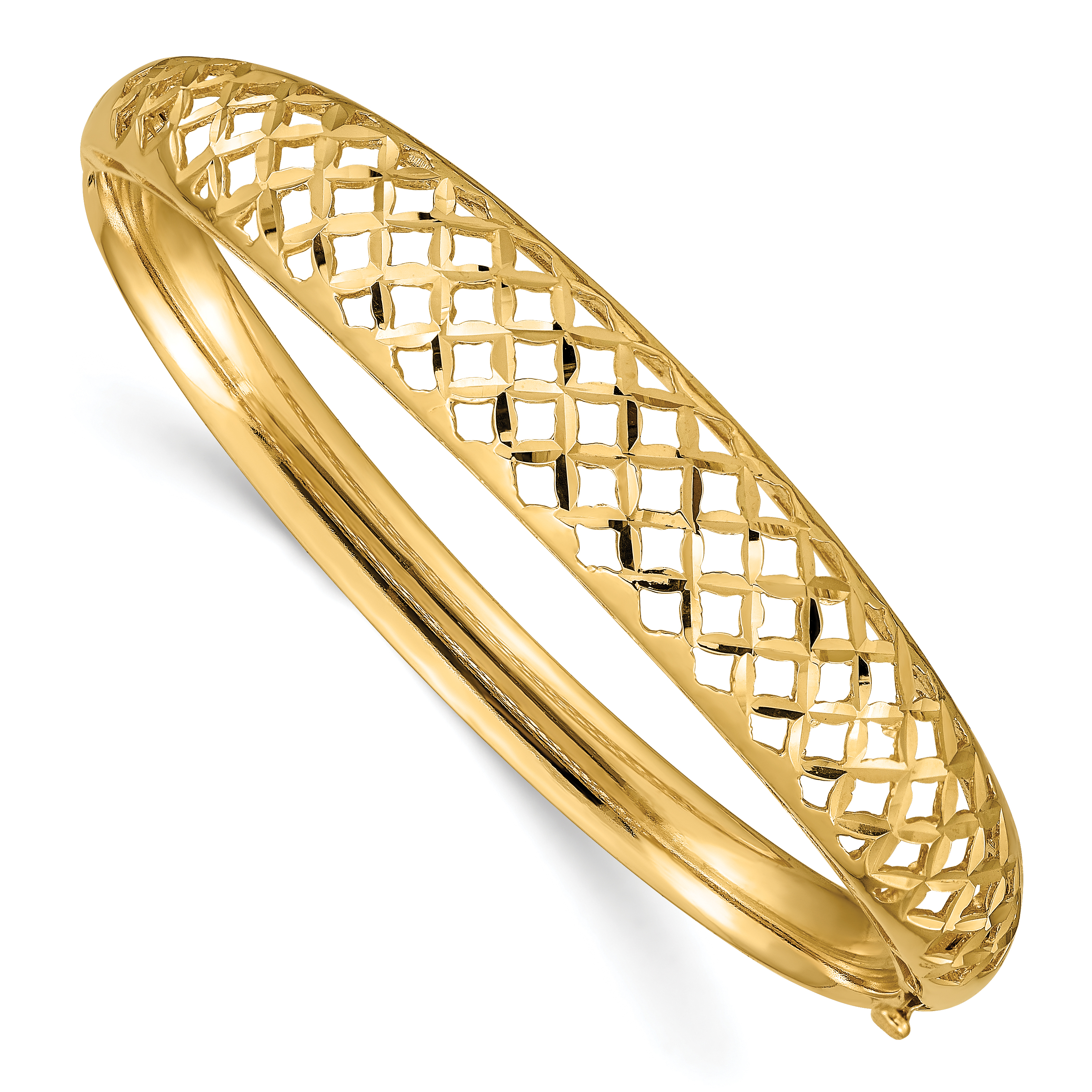 14k Polished Graduated Diamond-cut 6.25-12.5mm Fancy Weave Hinged Oval Bangle Bracelet (DB256)